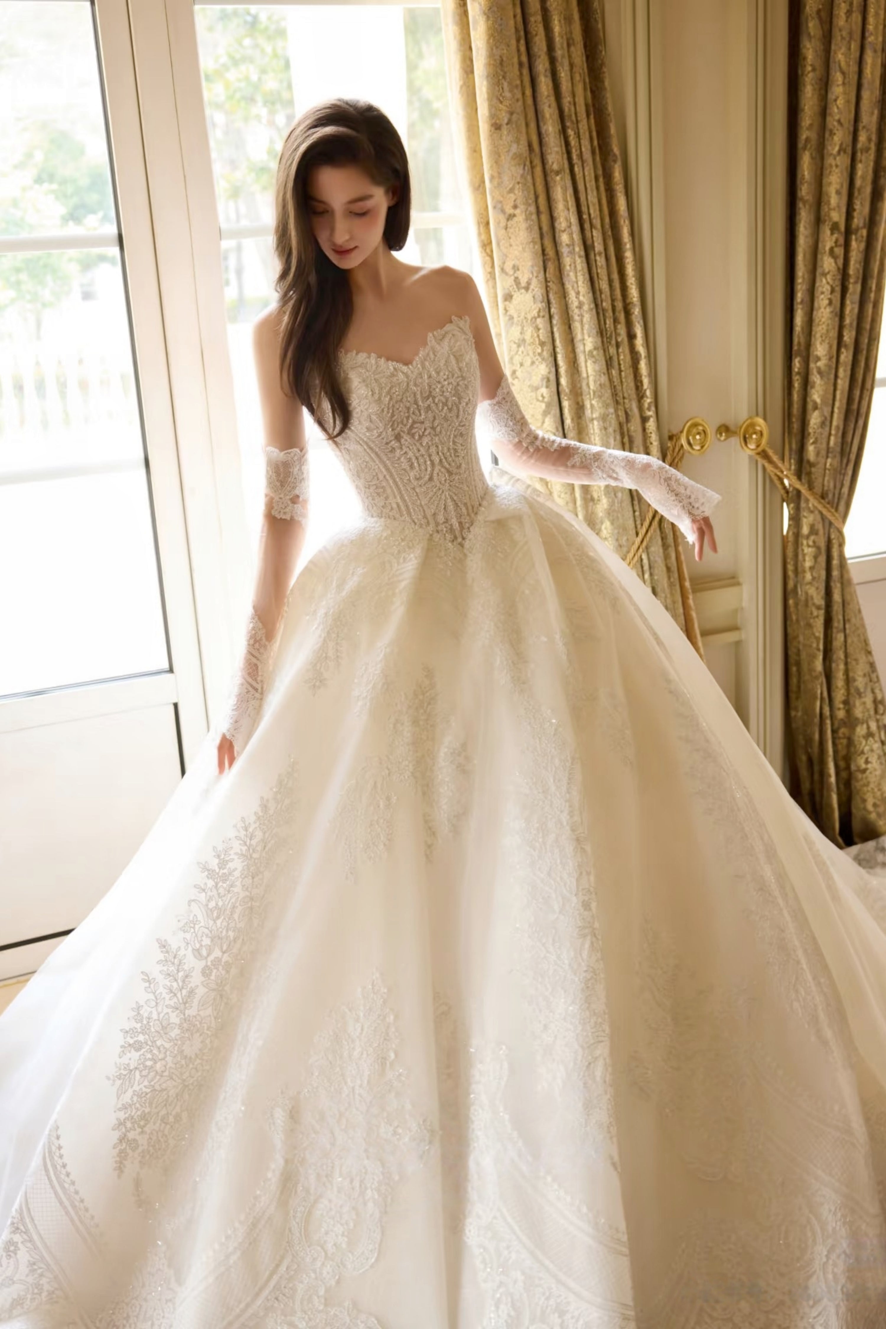 Royal Elowen - Ivory Champagne Heavy Lace Corset Cathedral Train Ball Gown WEDDING DRESS LVB2777