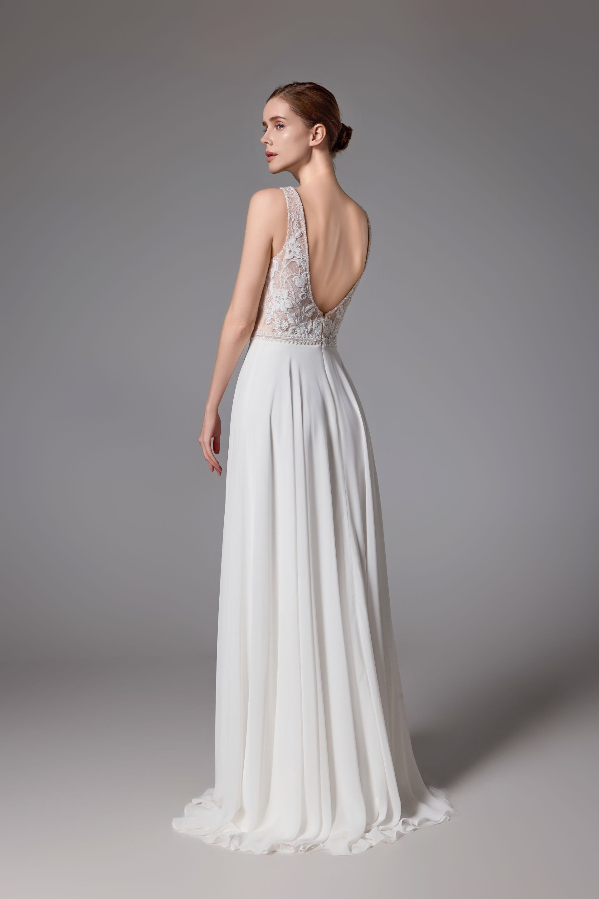 Beaded Chiffon Sheath V-neck Handmade Wedding Dress in a slimming silhouette LVS2408