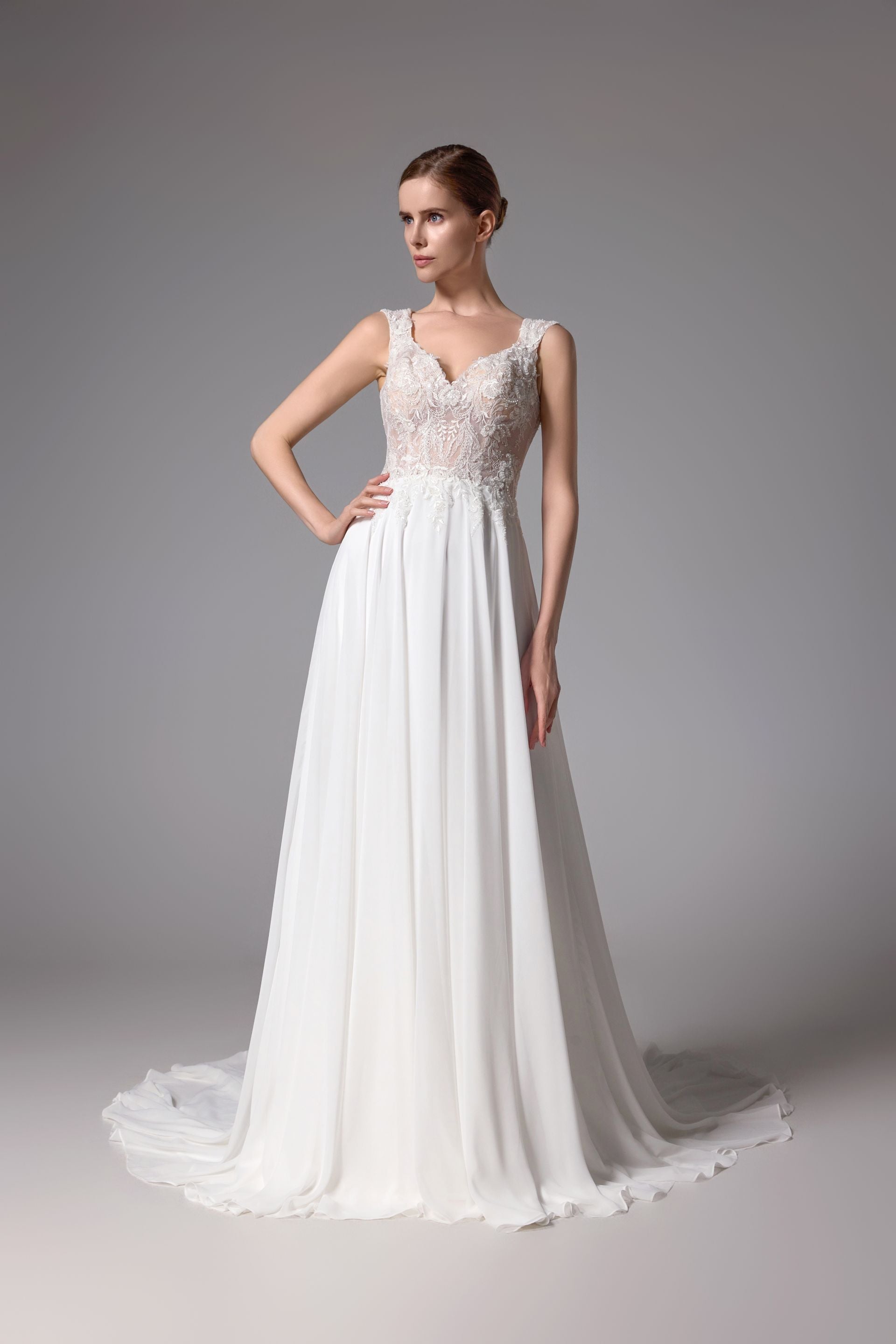 Open back beaded Lace wedding dress with a romantic chiffon LVS2406