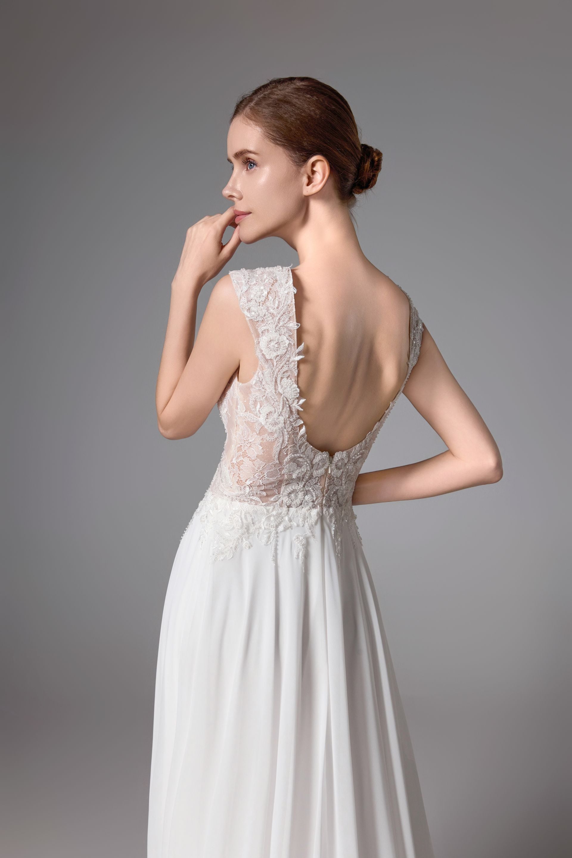 Open back beaded Lace wedding dress with a romantic chiffon LVS2406