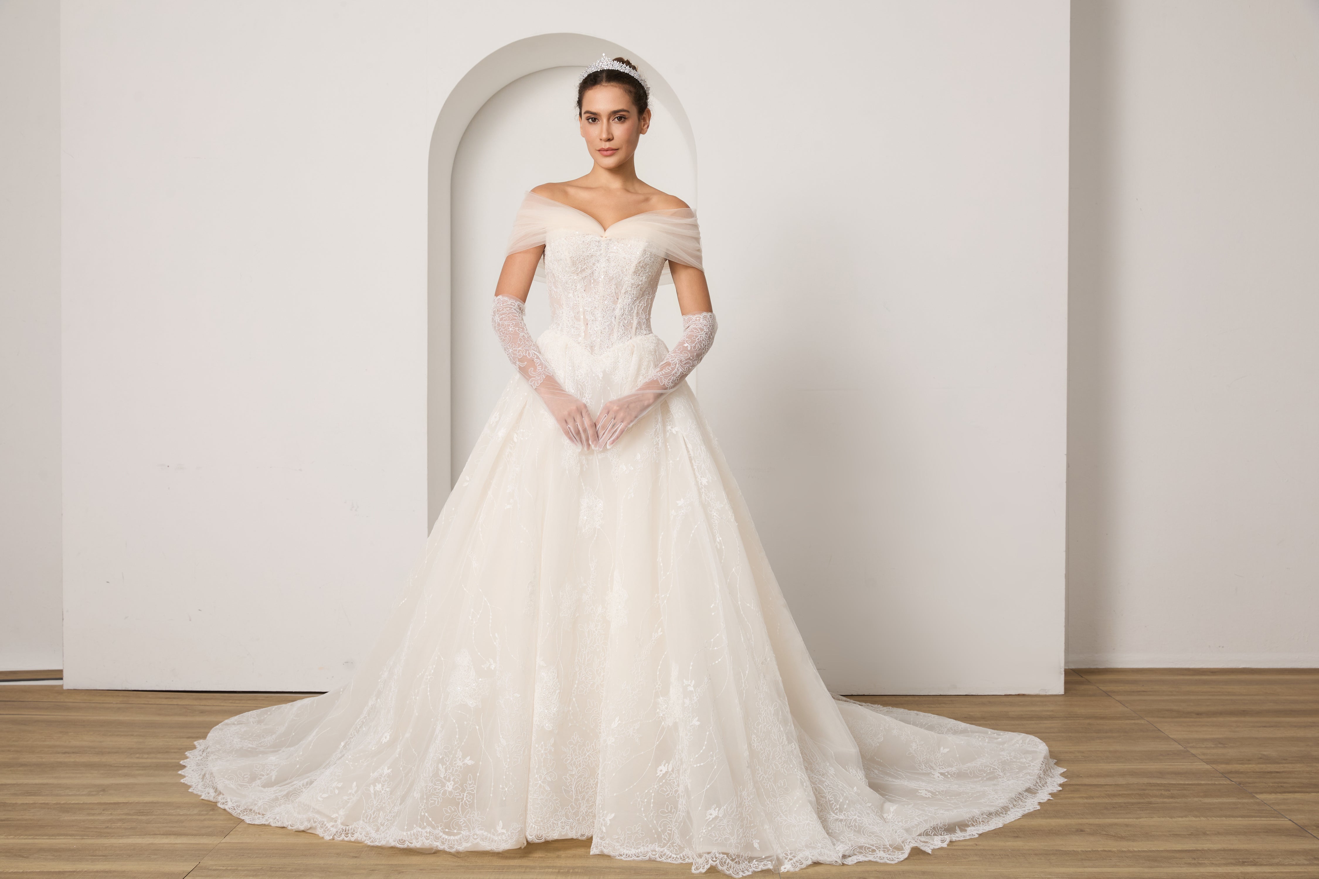 Your Complete Bridal Look: Lace Beaded Dress+ Detachable Sleeves+ Veil+ Gloves +Hairpiece | Value Package LVB2702