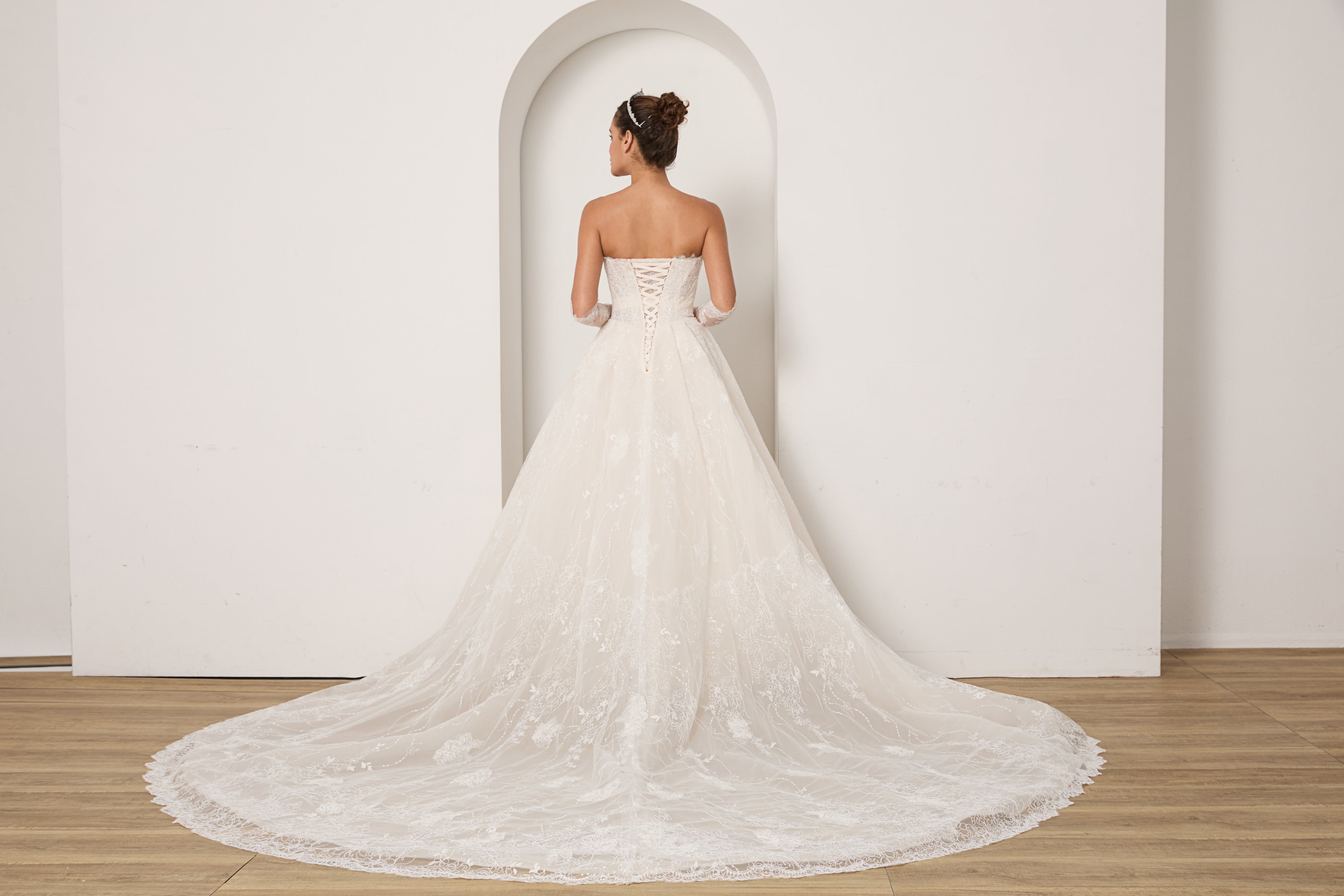 Your Complete Bridal Look: Lace Beaded Dress+ Detachable Sleeves+ Veil+ Gloves +Hairpiece | Value Package LVB2702