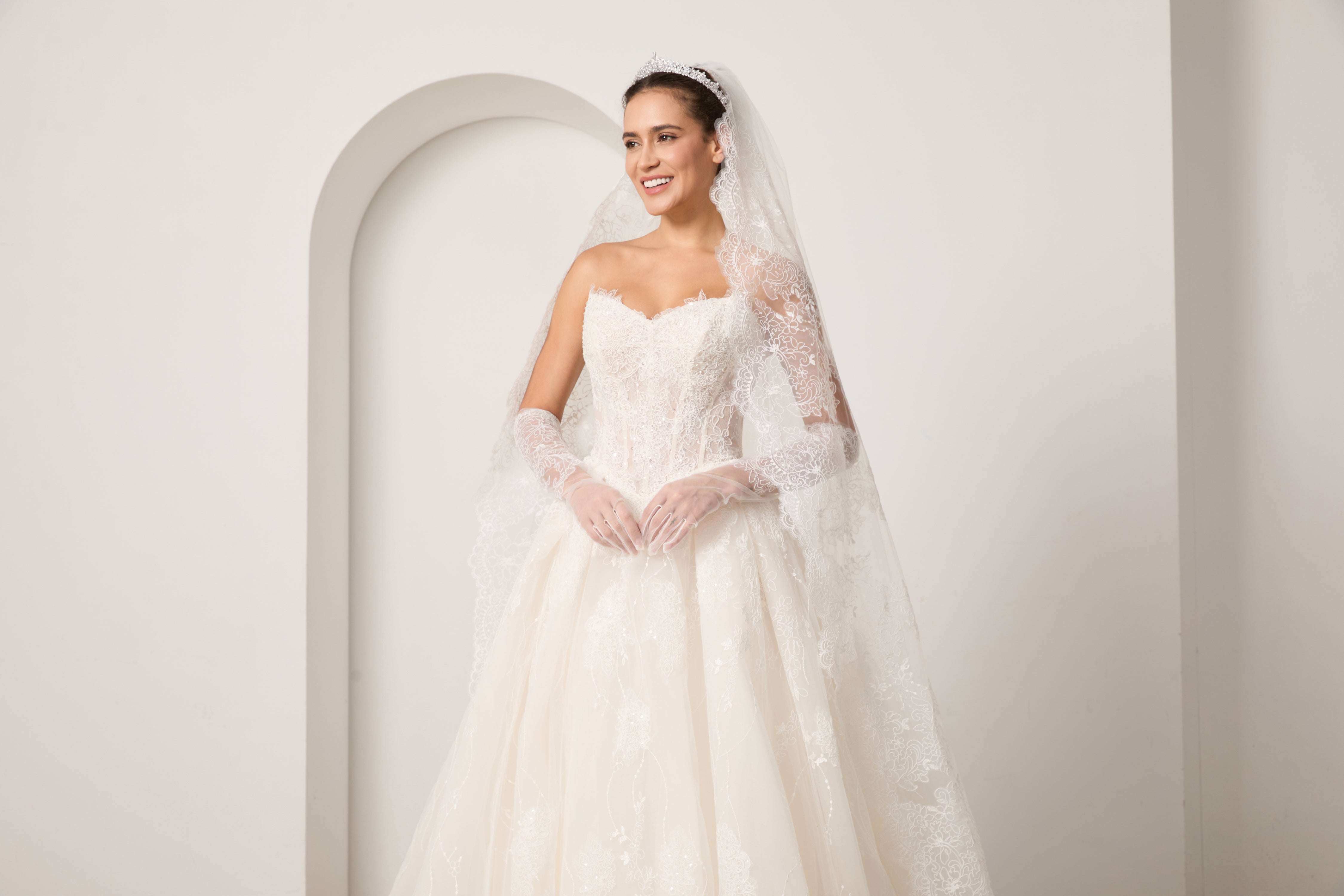 Your Complete Bridal Look: Lace Beaded Dress+ Detachable Sleeves+ Veil+ Gloves +Hairpiece | Value Package LVB2702