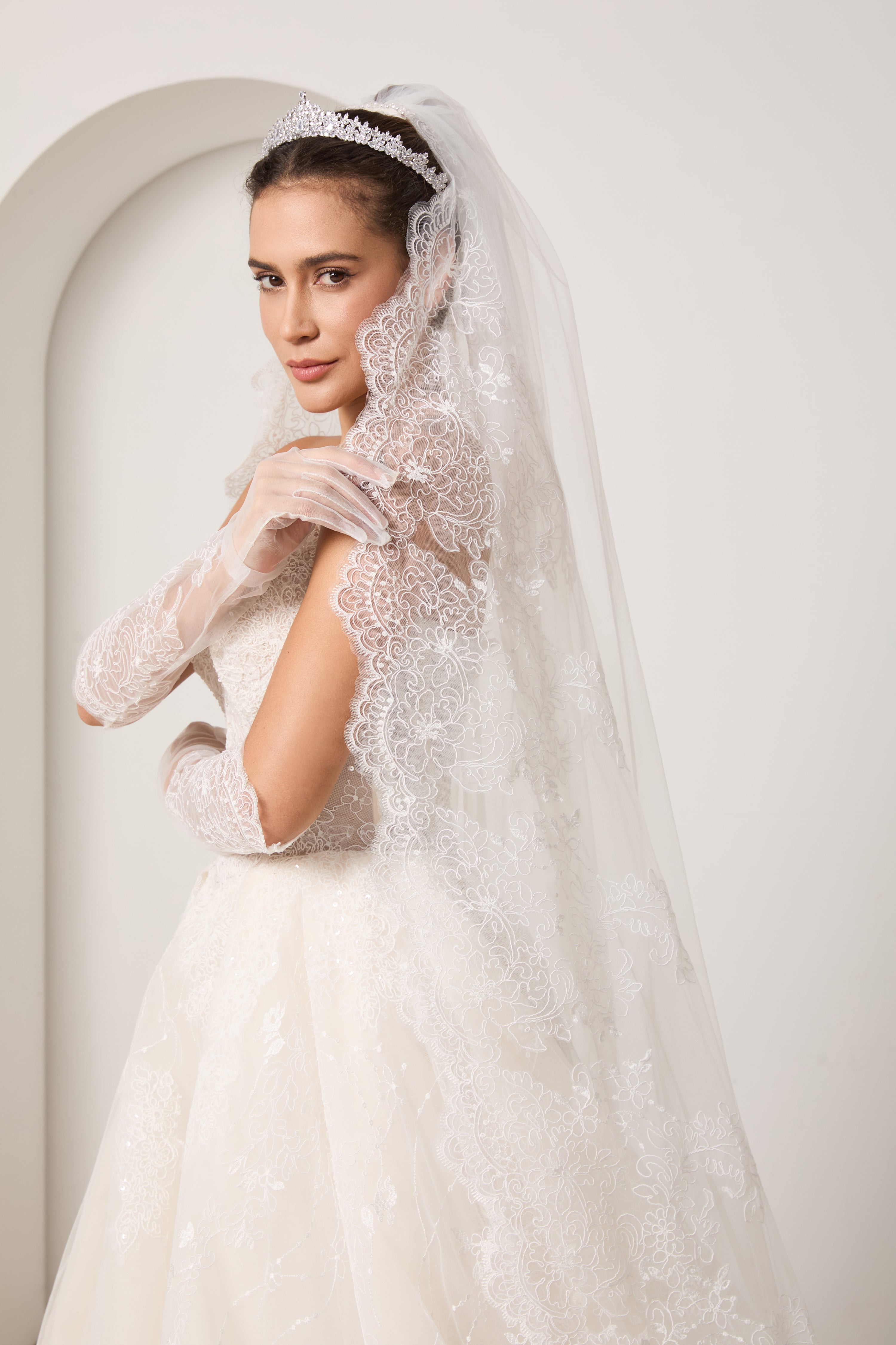 Your Complete Bridal Look: Lace Beaded Dress+ Detachable Sleeves+ Veil+ Gloves +Hairpiece | Value Package LVB2702