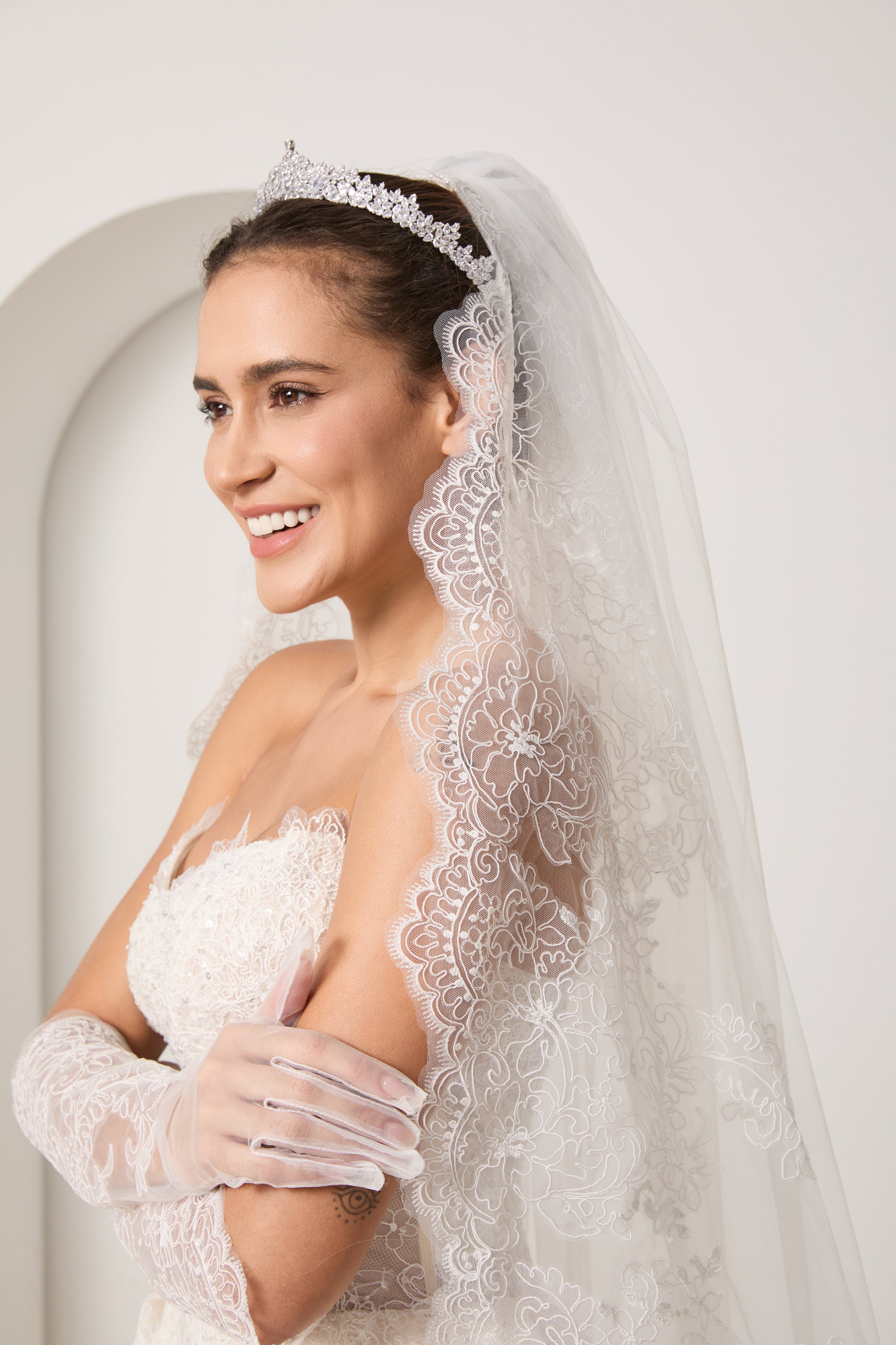 Your Complete Bridal Look: Lace Beaded Dress+ Detachable Sleeves+ Veil+ Gloves +Hairpiece | Value Package LVB2702