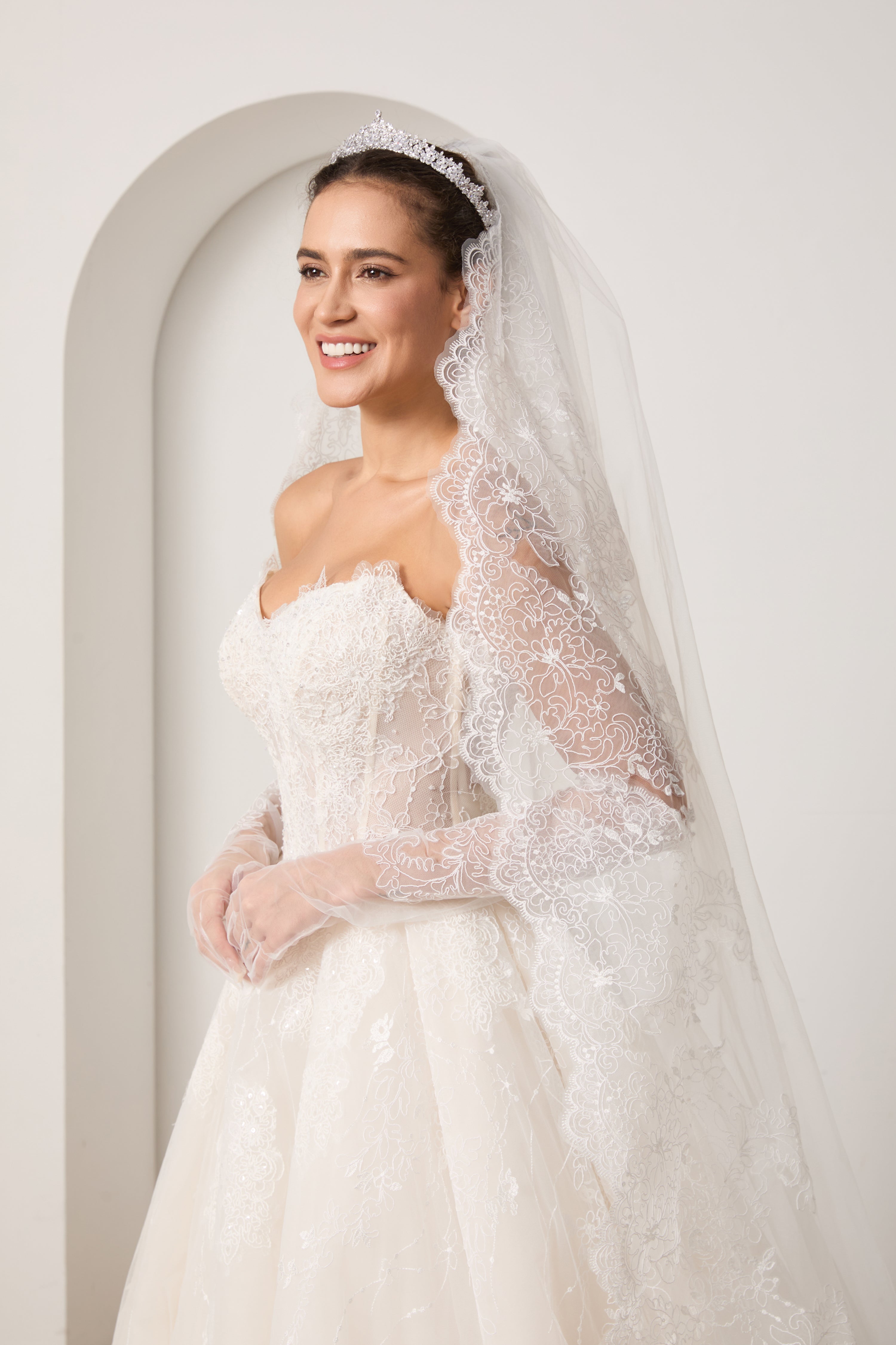 Your Complete Bridal Look: Lace Beaded Dress+ Detachable Sleeves+ Veil+ Gloves +Hairpiece | Value Package LVB2702