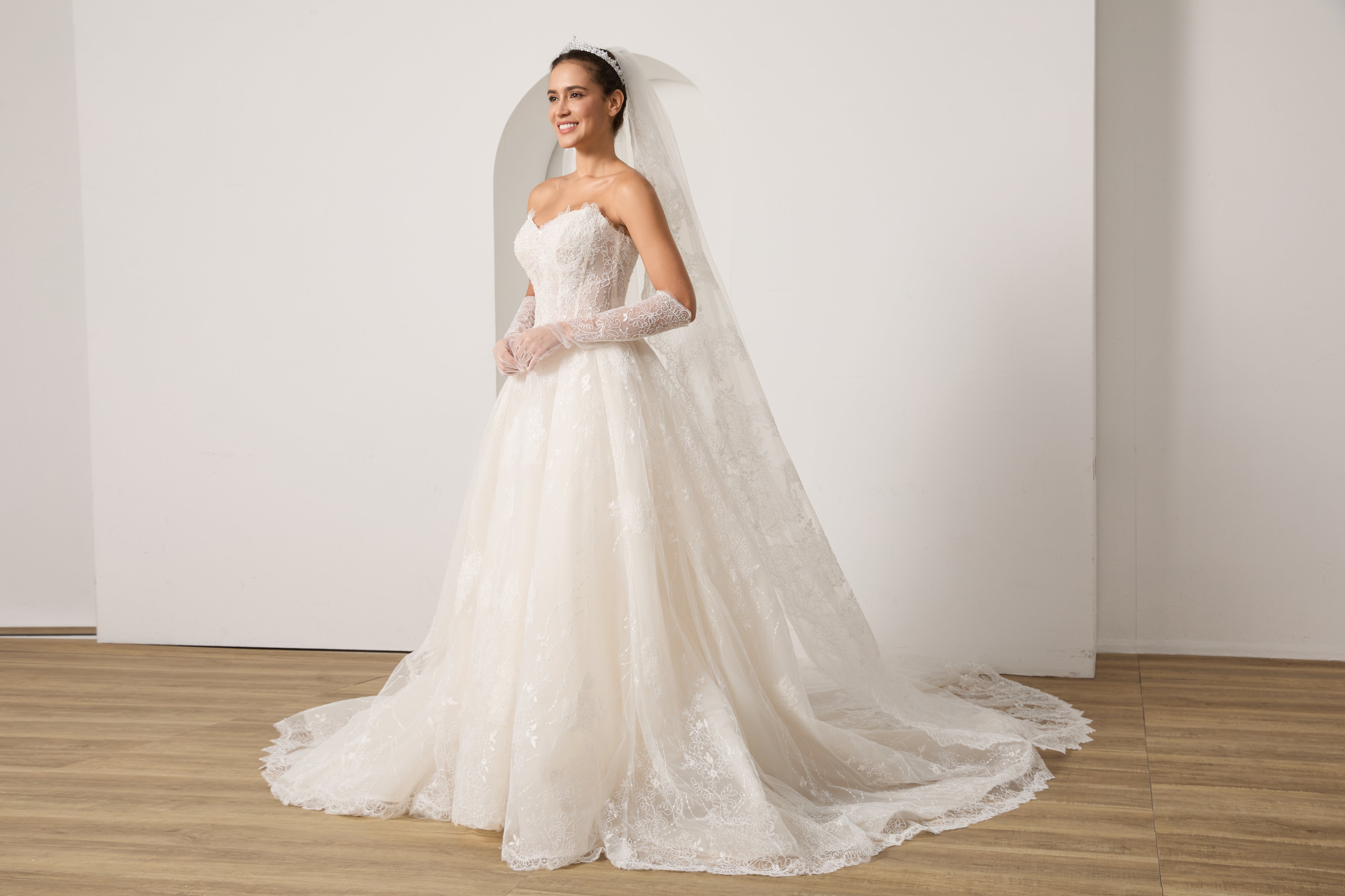 Your Complete Bridal Look: Lace Beaded Dress+ Detachable Sleeves+ Veil+ Gloves +Hairpiece | Value Package LVB2702