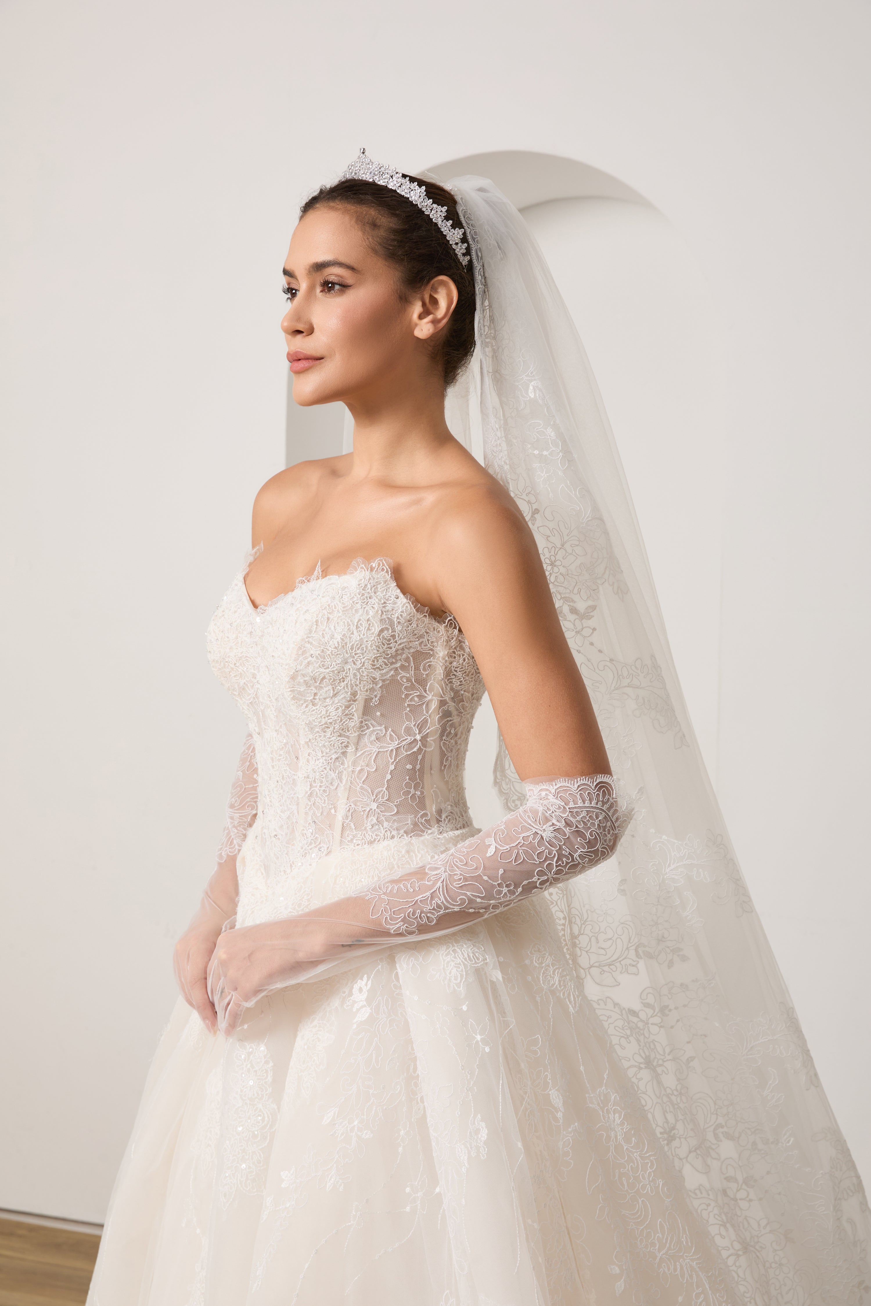 Your Complete Bridal Look: Lace Beaded Dress+ Detachable Sleeves+ Veil+ Gloves +Hairpiece | Value Package LVB2702